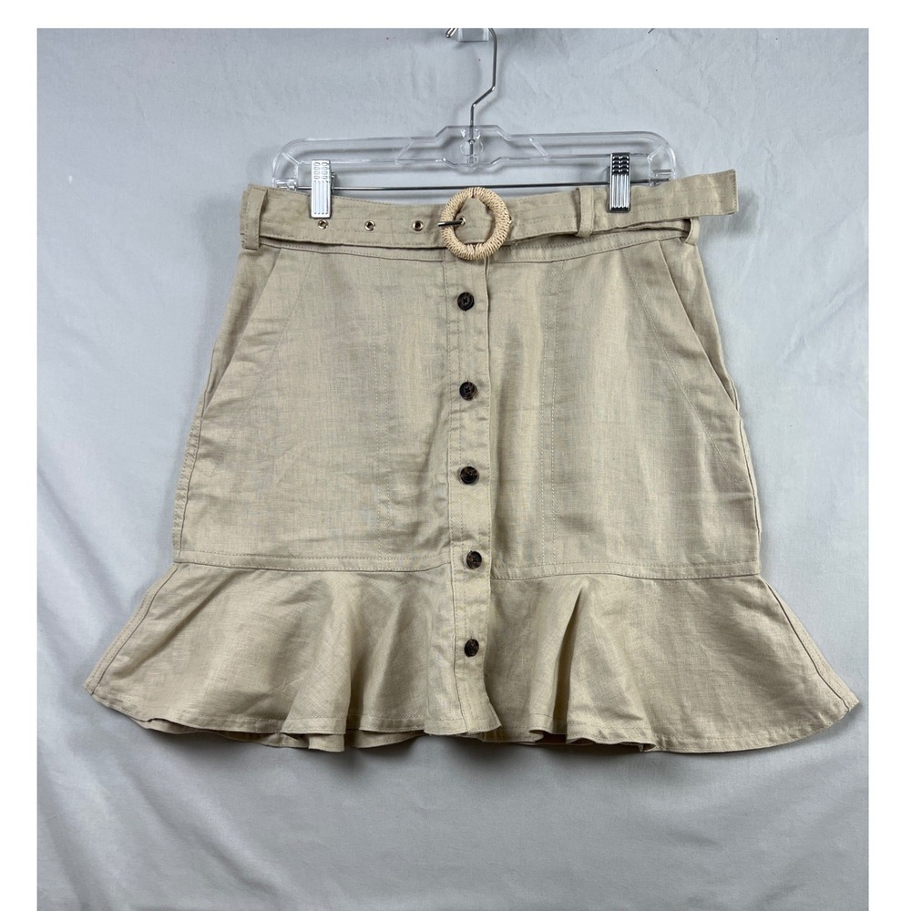 Banana Republic Skirt Women 8 Tall Beige Linen Button Front Belted Ruffle Hem